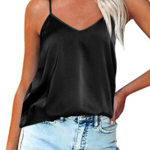 Ekouaer Women's Silk Satin Tank Top Sexy V Neck Cami Top Spaghetti Strap T Shirt Blouse Black