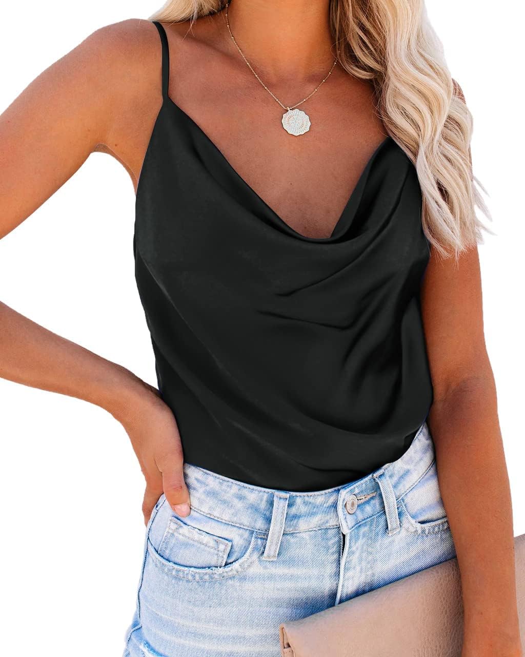 Ekouaer Satin Cowl Neck Tank Top Women Camisole Silky Loose Sleeveless Basic Blouse Ladies Satin Tank Shirt Black