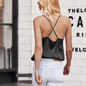 Ekouaer Satin Cowl Neck Tank Top Women Camisole Silky Loose Sleeveless Basic Blouse Ladies Satin Tank Shirt Black