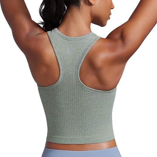 CRZ YOGA Womens Seamless Ribbed Longline High Neck Sports Bra - Racerback Padded Slim Fit Crop Tank Top with Built in Bra Dark Green Heather Large