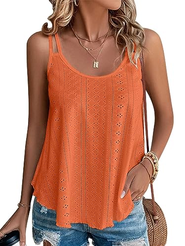 KKJ Womens Fashion Tank Tops Eyelet Embroidery Sleeveless Camisole Scoop Neck Loose Casual 2024 Summer Clothes Flowy Shirts Orange