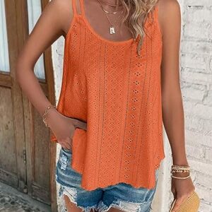 KKJ Womens Fashion Tank Tops Eyelet Embroidery Sleeveless Camisole Scoop Neck Loose Casual 2024 Summer Clothes Flowy Shirts Orange