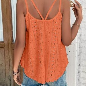 KKJ Womens Fashion Tank Tops Eyelet Embroidery Sleeveless Camisole Scoop Neck Loose Casual 2024 Summer Clothes Flowy Shirts Orange