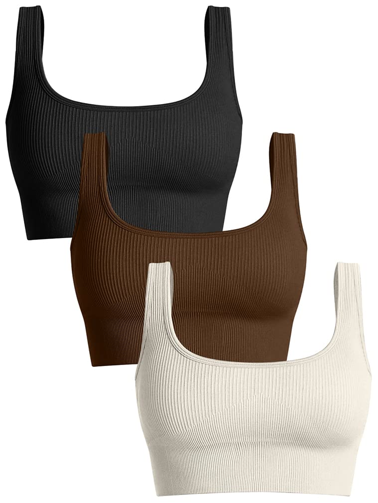 OQQ Women's 3 Piece Medium Support Tank Top Ribbed Seamless Removable Cups Workout Exercise Sport Bra Black Coffee Beige