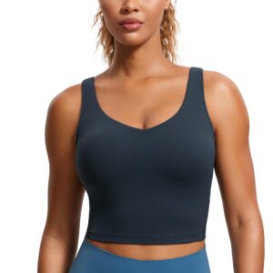 CRZ YOGA Butterluxe Womens V Neck Longline Sports Bra - Padded Workout Crop Tank Top with Built in Bra True Navy Medium