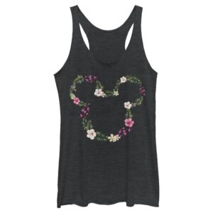 disney classic floral mickey women's racerback tank top, black heather, small