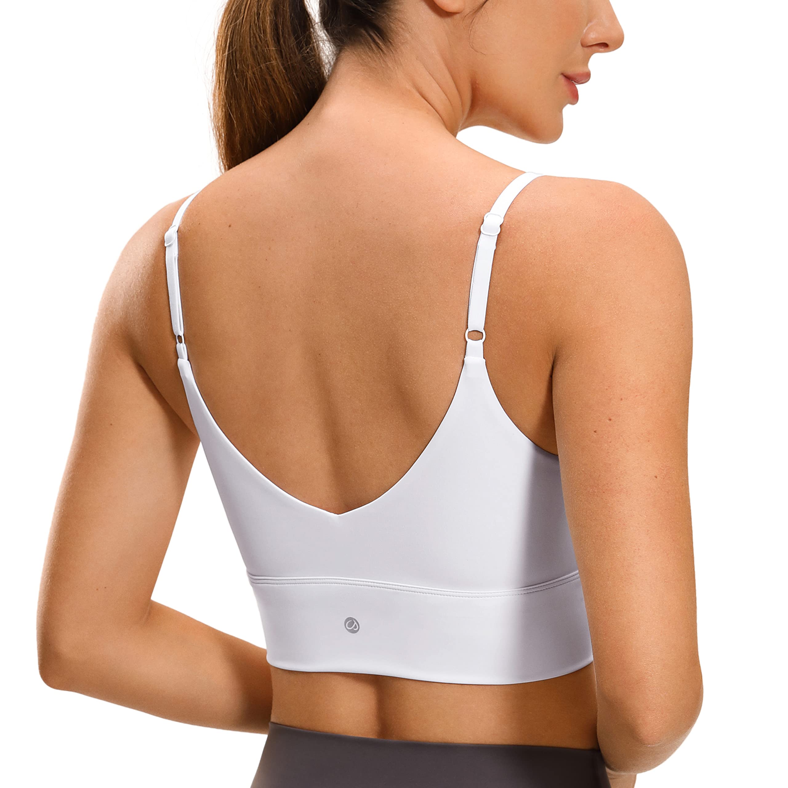 CRZ YOGA Adjustable Longline Sports Bra for Women - V Back Wireless Workout Padded Yoga Bra Cropped Tank Tops White Medium