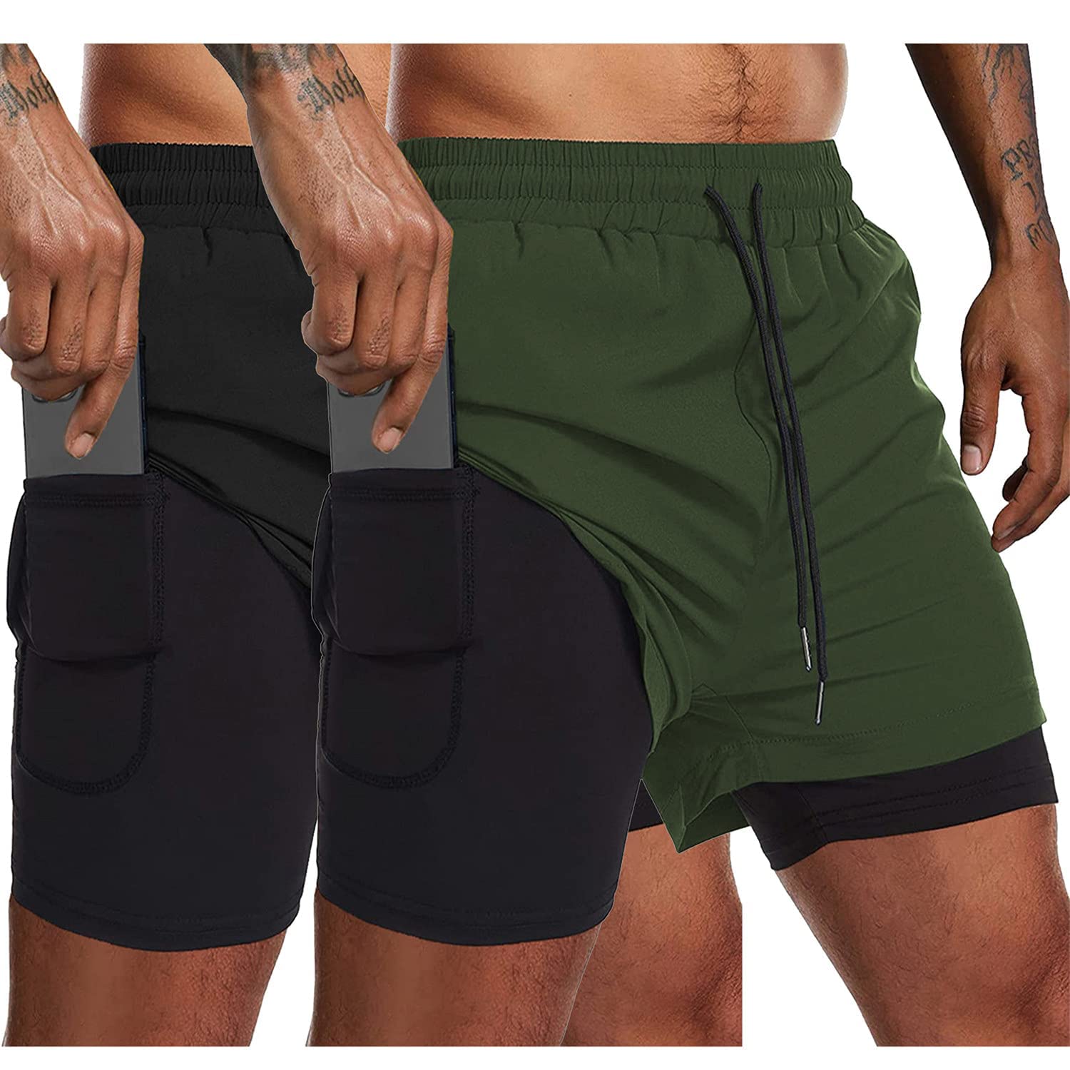 COOFANDY Men's 2 Pack Workout Shorts Quick Dry 2 in 1 Running Shorts Gym Training Athletic Jogger with Phone Pocket