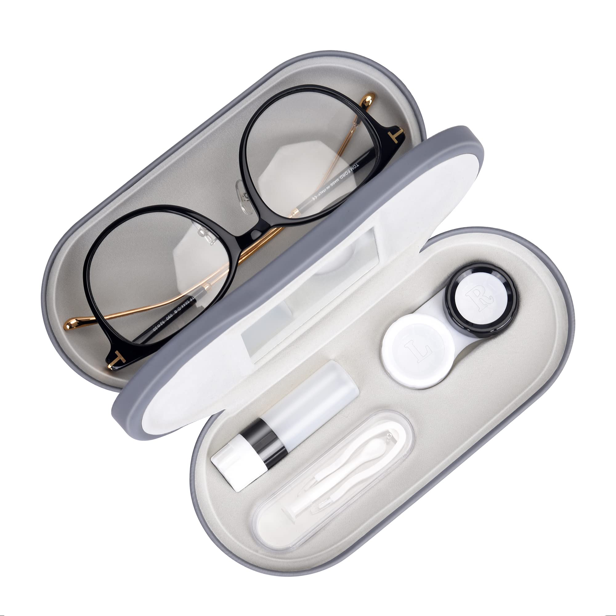 Muf 2 in 1 Contact Lens Case and Glasses Case,Double Sided Dual Use Design,Leak Proof & Portable,Tweezer and Contact Lens Solution Bottle Included for Travel Kit(Grey)