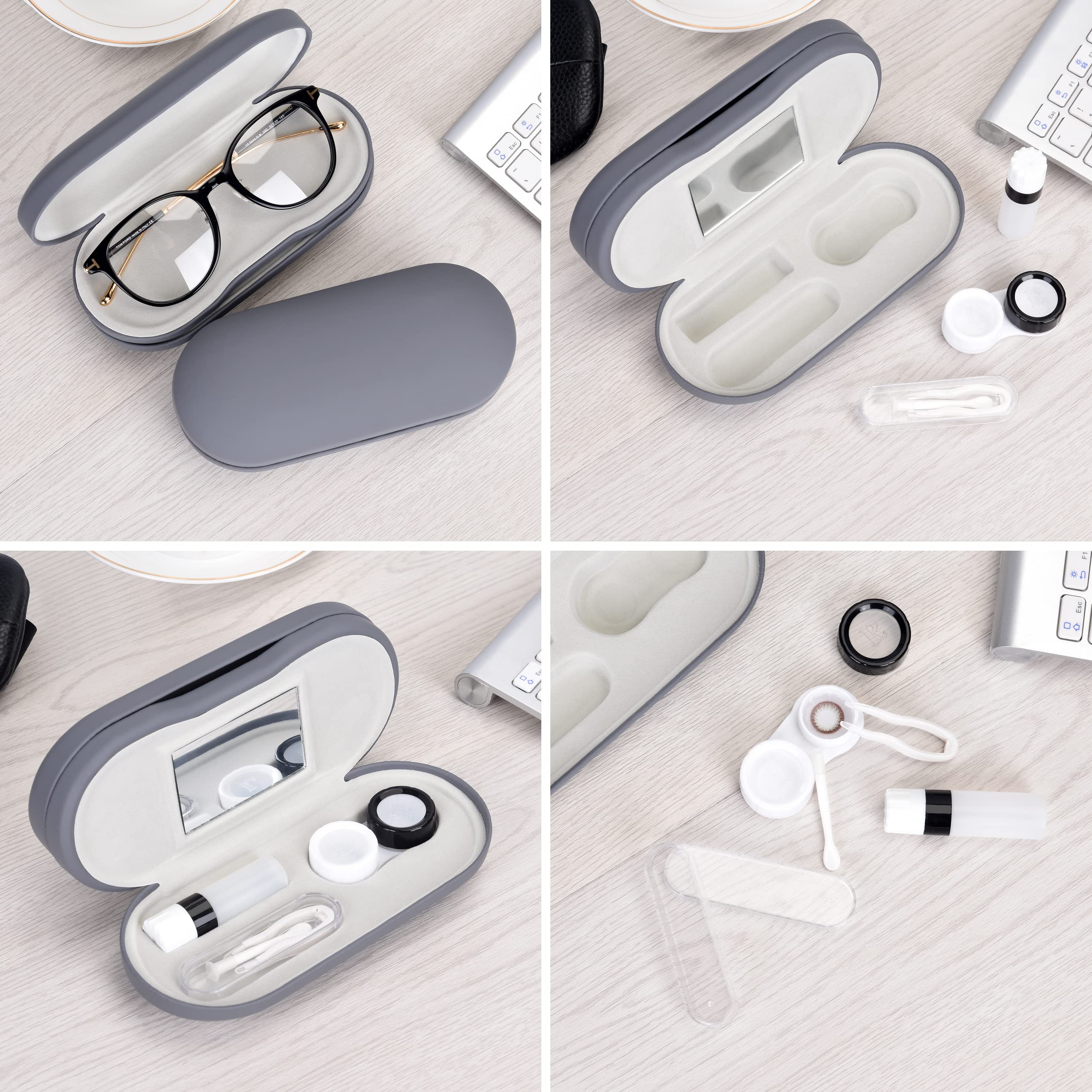 Muf 2 in 1 Contact Lens Case and Glasses Case,Double Sided Dual Use Design,Leak Proof & Portable,Tweezer and Contact Lens Solution Bottle Included for Travel Kit(Grey)