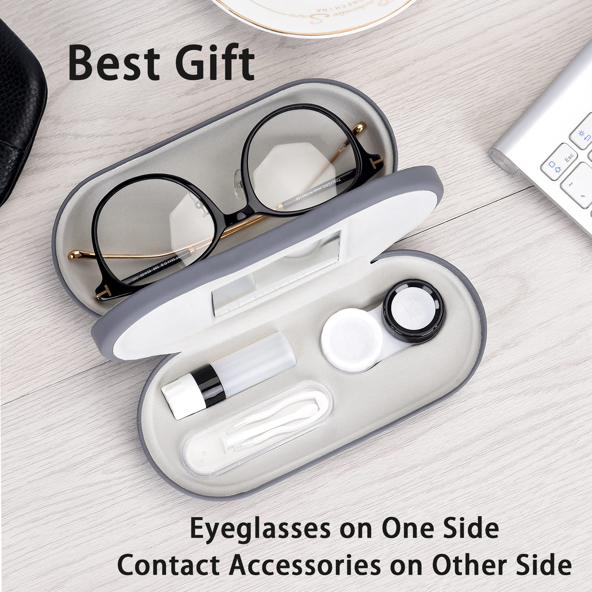 Muf 2 in 1 Contact Lens Case and Glasses Case,Double Sided Dual Use Design,Leak Proof & Portable,Tweezer and Contact Lens Solution Bottle Included for Travel Kit(Grey)