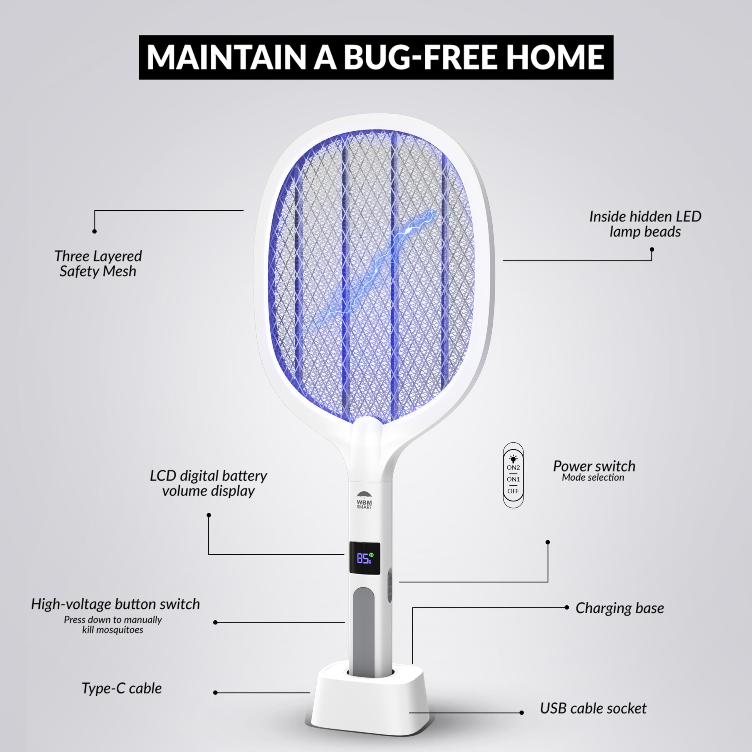 WBM SMART 2 in 1 Electric Bug Zapper, Mosquitoes Trap Lamp & Racket, USB Rechargeable Electric Fly Swatter for Home and Outdoor Powerful Grid 3-Layer Safety Mesh Safe to Touch, Pack of 2