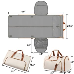 Garment Bags for Travel, Convertible Garment Bag with Detachable Hanging Suit Bag, Carry on Travel Duffel Bag with Shoulder Strap and Shoes Cover, 2 in 1 Hanging Suit Bags for Women/Men, White Brown