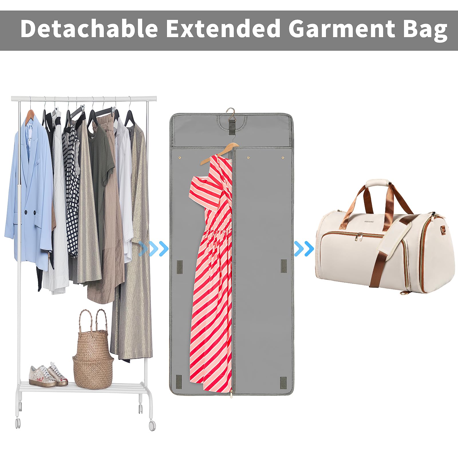 Garment Bags for Travel, Convertible Garment Bag with Detachable Hanging Suit Bag, Carry on Travel Duffel Bag with Shoulder Strap and Shoes Cover, 2 in 1 Hanging Suit Bags for Women/Men, White Brown