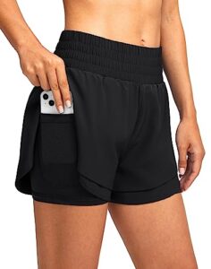 soothfeel women's 2 in 1 running shorts high waisted athletic shorts exercise gym workout shorts for women with pockets black