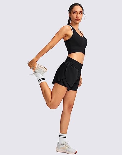 Soothfeel Women's 2 in 1 Running Shorts High Waisted Athletic Shorts Exercise Gym Workout Shorts for Women with Pockets Black