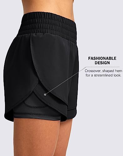 Soothfeel Women's 2 in 1 Running Shorts High Waisted Athletic Shorts Exercise Gym Workout Shorts for Women with Pockets Black