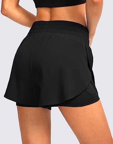 Soothfeel Women's 2 in 1 Running Shorts High Waisted Athletic Shorts Exercise Gym Workout Shorts for Women with Pockets Black