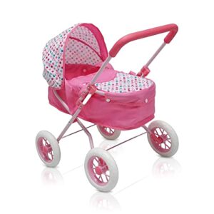 kookamunga kids baby doll stroller - realistic 2 in 1 baby stroller for dolls w/detachable bassinet – toy pram w/carry cot, retractable canopy & soft grip handle - for dolls up to 18" - pink