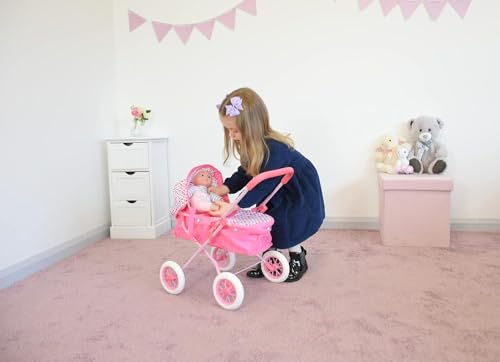 KOOKAMUNGA KIDS Baby Doll Stroller - Realistic 2 in 1 Baby Stroller for Dolls w/Detachable Bassinet – Toy Pram w/Carry Cot, Retractable Canopy & Soft Grip Handle - for Dolls up to 18" - Pink