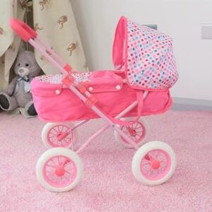 KOOKAMUNGA KIDS Baby Doll Stroller - Realistic 2 in 1 Baby Stroller for Dolls w/Detachable Bassinet – Toy Pram w/Carry Cot, Retractable Canopy & Soft Grip Handle - for Dolls up to 18" - Pink