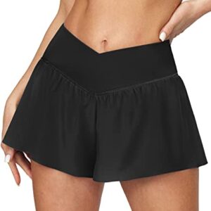 Ewedoos Crossover Flowy Athletic Shorts for Women with 3 Pockets 2 in 1 Butterfly Shorts High Waisted Running Shorts Black