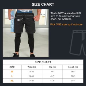 Odoland 2 Pack Mens Athletic Compression Running Pants, 2 in 1 Quick Dry Athletic Workout Sweatpants Shorts Gym Leggings with Pocket, Black/Grey, M