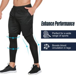 Odoland 2 Pack Mens Athletic Compression Running Pants, 2 in 1 Quick Dry Athletic Workout Sweatpants Shorts Gym Leggings with Pocket, Black/Grey, M