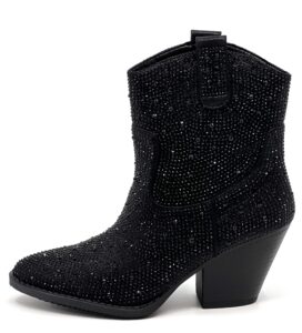 forever women rhinestone block chunky heel ankle bootie river-01 black 8.5