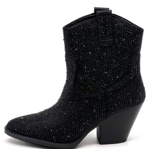 FOREVER Women Rhinestone Block Chunky Heel Ankle Bootie River-01 Black 8.5