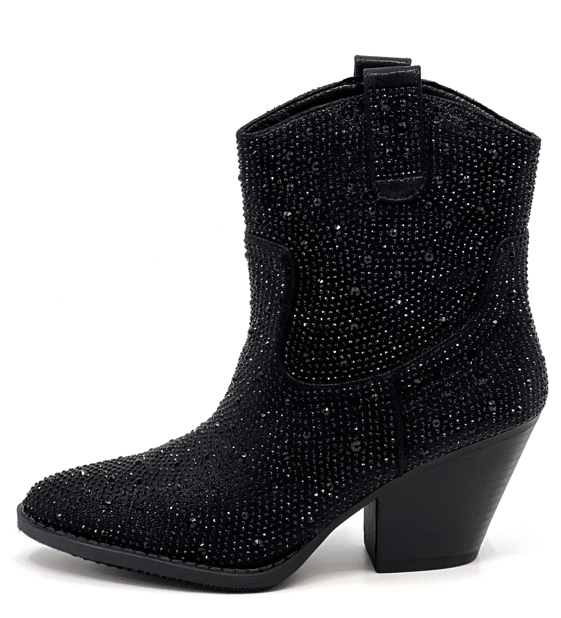 FOREVER Women Rhinestone Block Chunky Heel Ankle Bootie River-01 Black 8.5