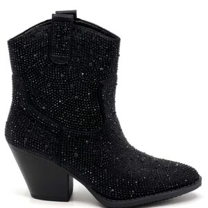 FOREVER Women Rhinestone Block Chunky Heel Ankle Bootie River-01 Black 8.5