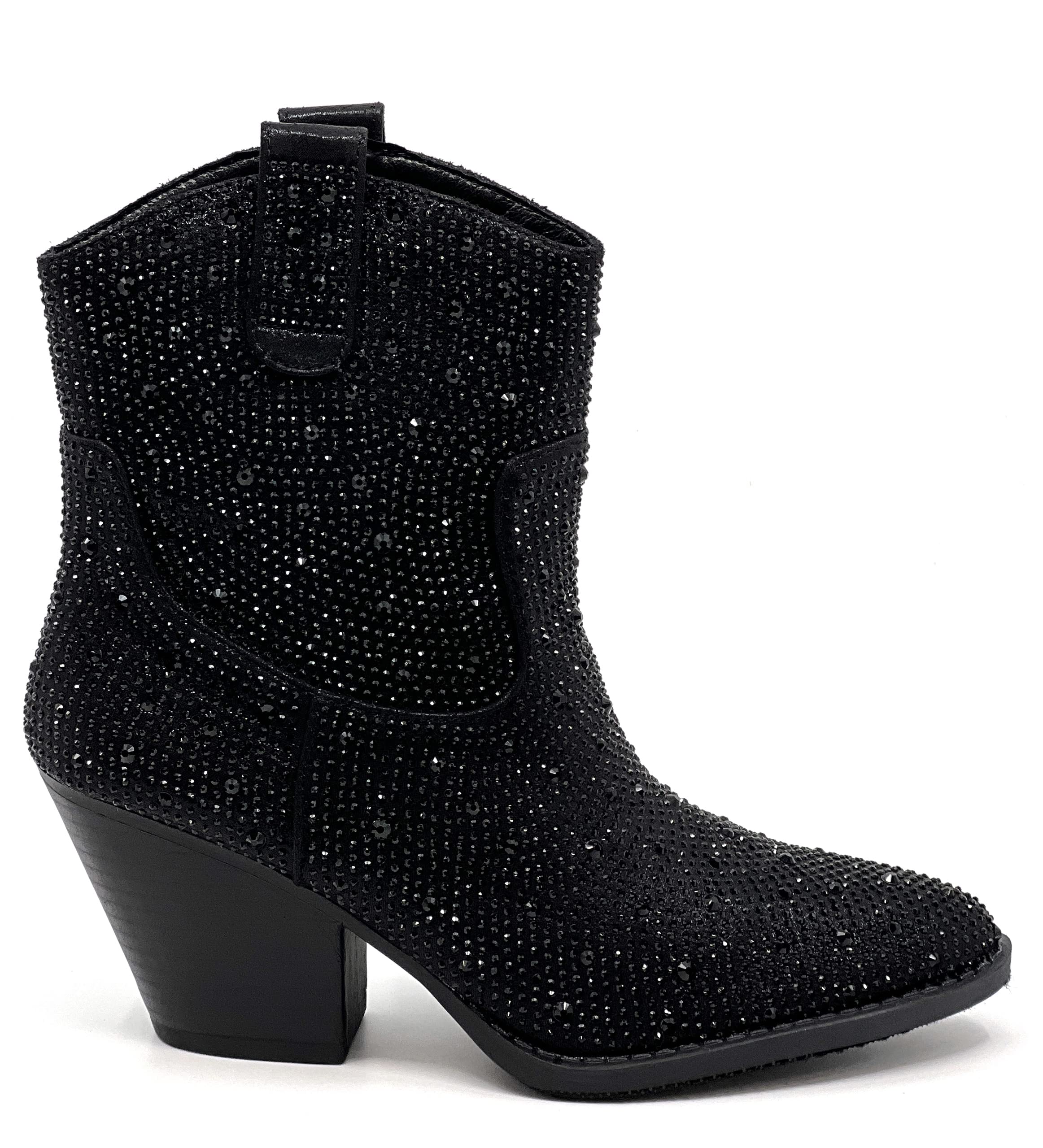 FOREVER Women Rhinestone Block Chunky Heel Ankle Bootie River-01 Black 8.5