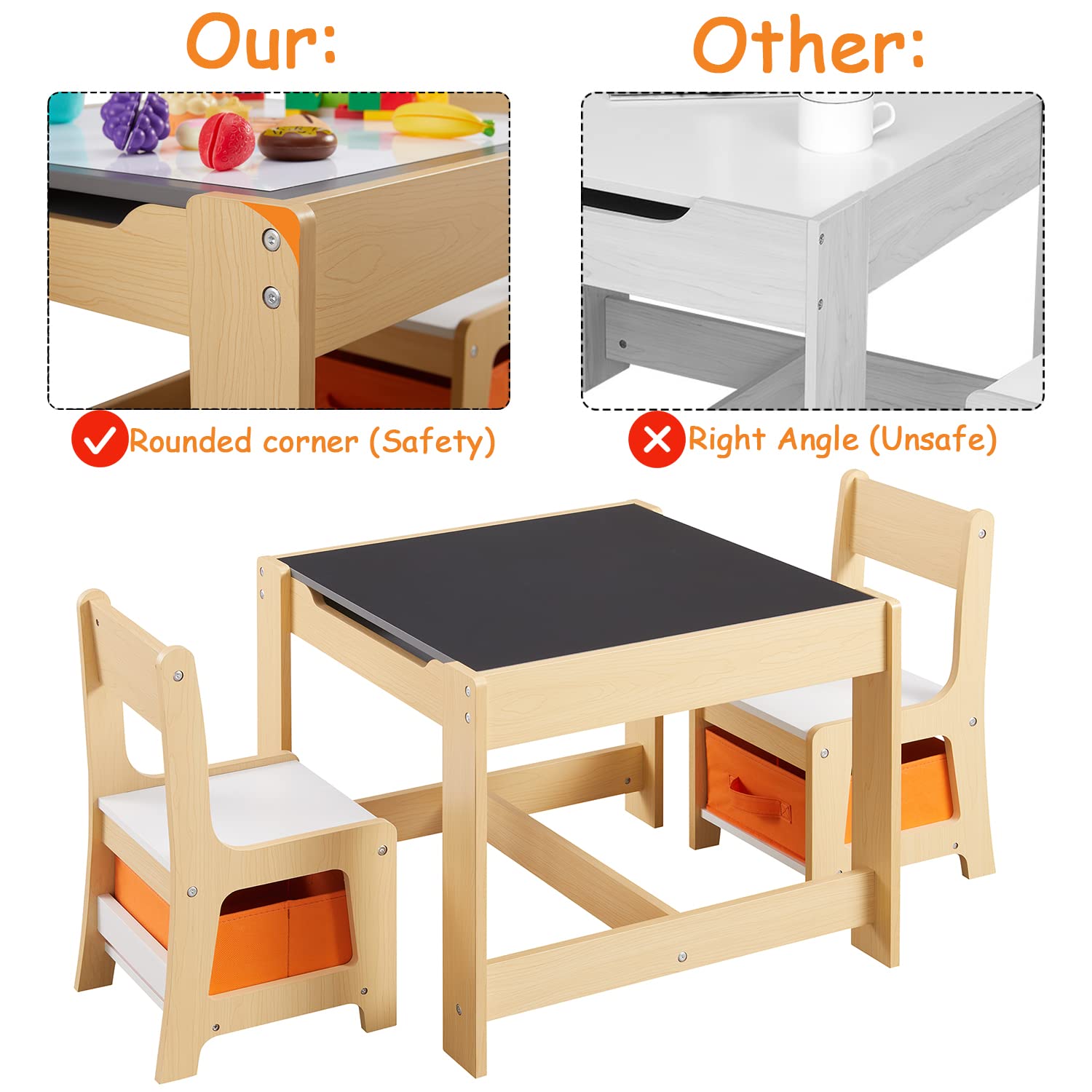 Kids Table and Chair Set, 3 in 1 Wooden Activity Table with Storage Drawer for Toddlers Drawing, Reading, Crafts, Play, 2 in 1 Detachable Tabletop Table and Chair Set for Home, Nursery, Playroom