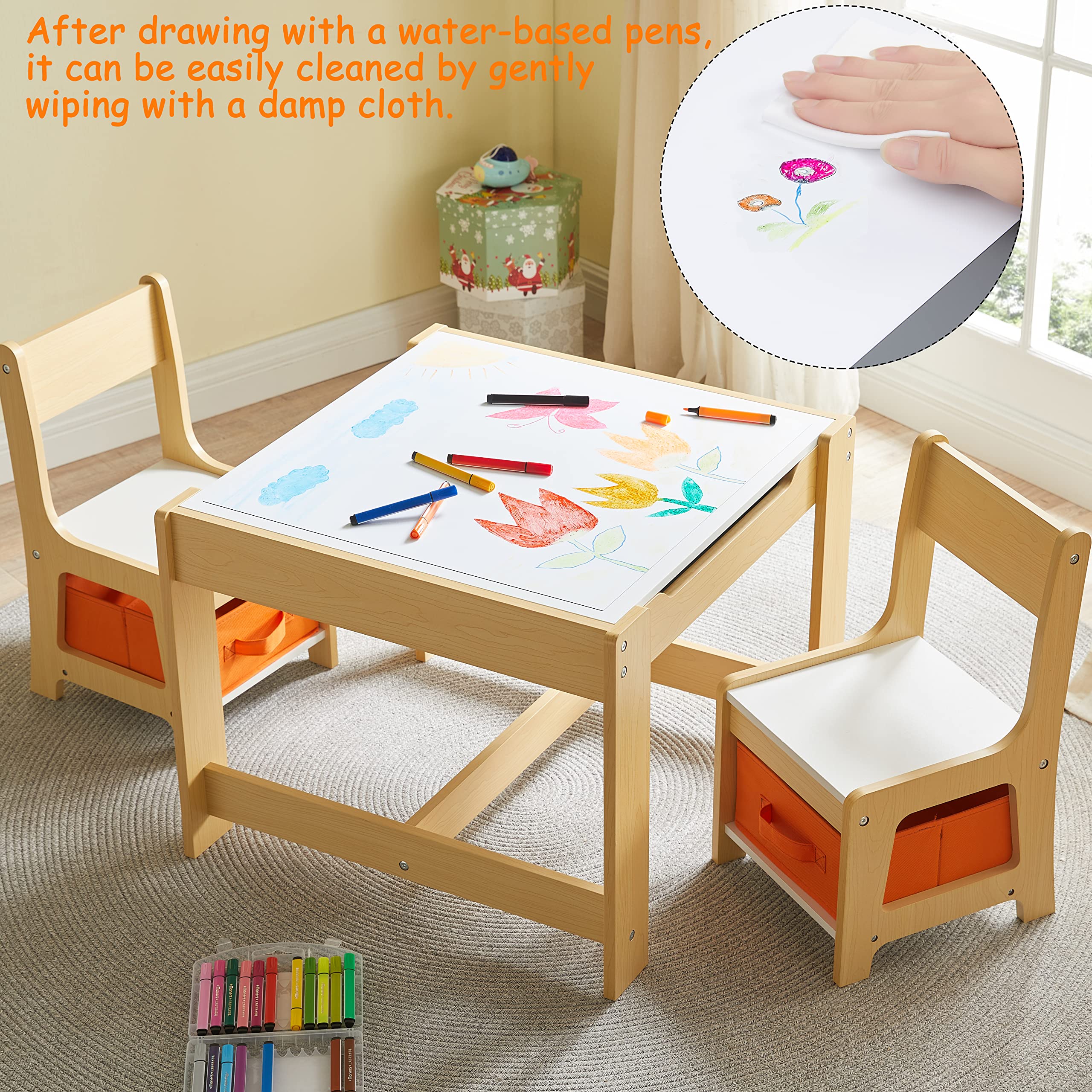 Kids Table and Chair Set, 3 in 1 Wooden Activity Table with Storage Drawer for Toddlers Drawing, Reading, Crafts, Play, 2 in 1 Detachable Tabletop Table and Chair Set for Home, Nursery, Playroom