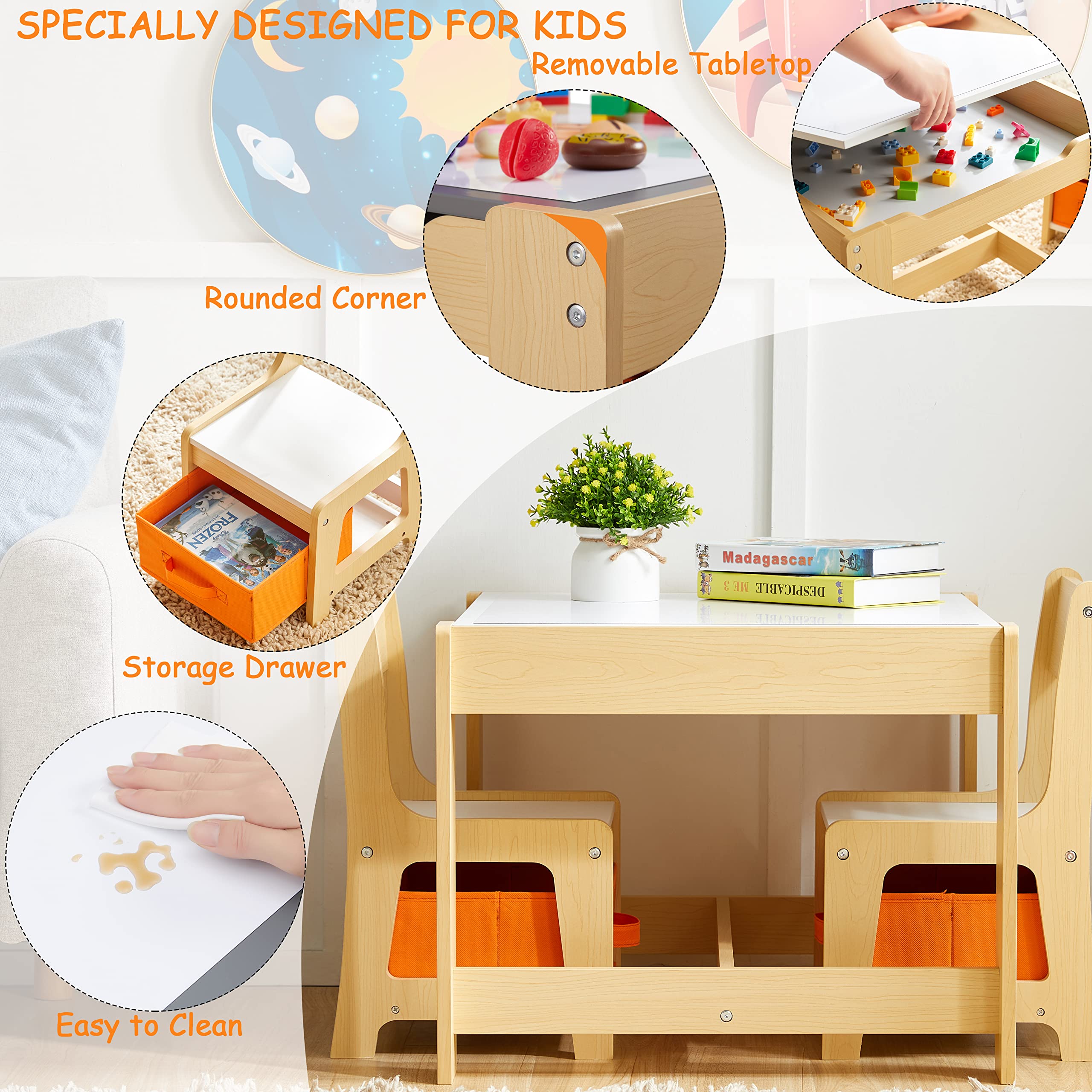 Kids Table and Chair Set, 3 in 1 Wooden Activity Table with Storage Drawer for Toddlers Drawing, Reading, Crafts, Play, 2 in 1 Detachable Tabletop Table and Chair Set for Home, Nursery, Playroom