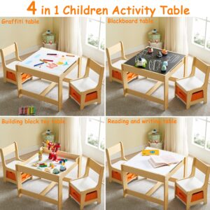 Kids Table and Chair Set, 3 in 1 Wooden Activity Table with Storage Drawer for Toddlers Drawing, Reading, Crafts, Play, 2 in 1 Detachable Tabletop Table and Chair Set for Home, Nursery, Playroom