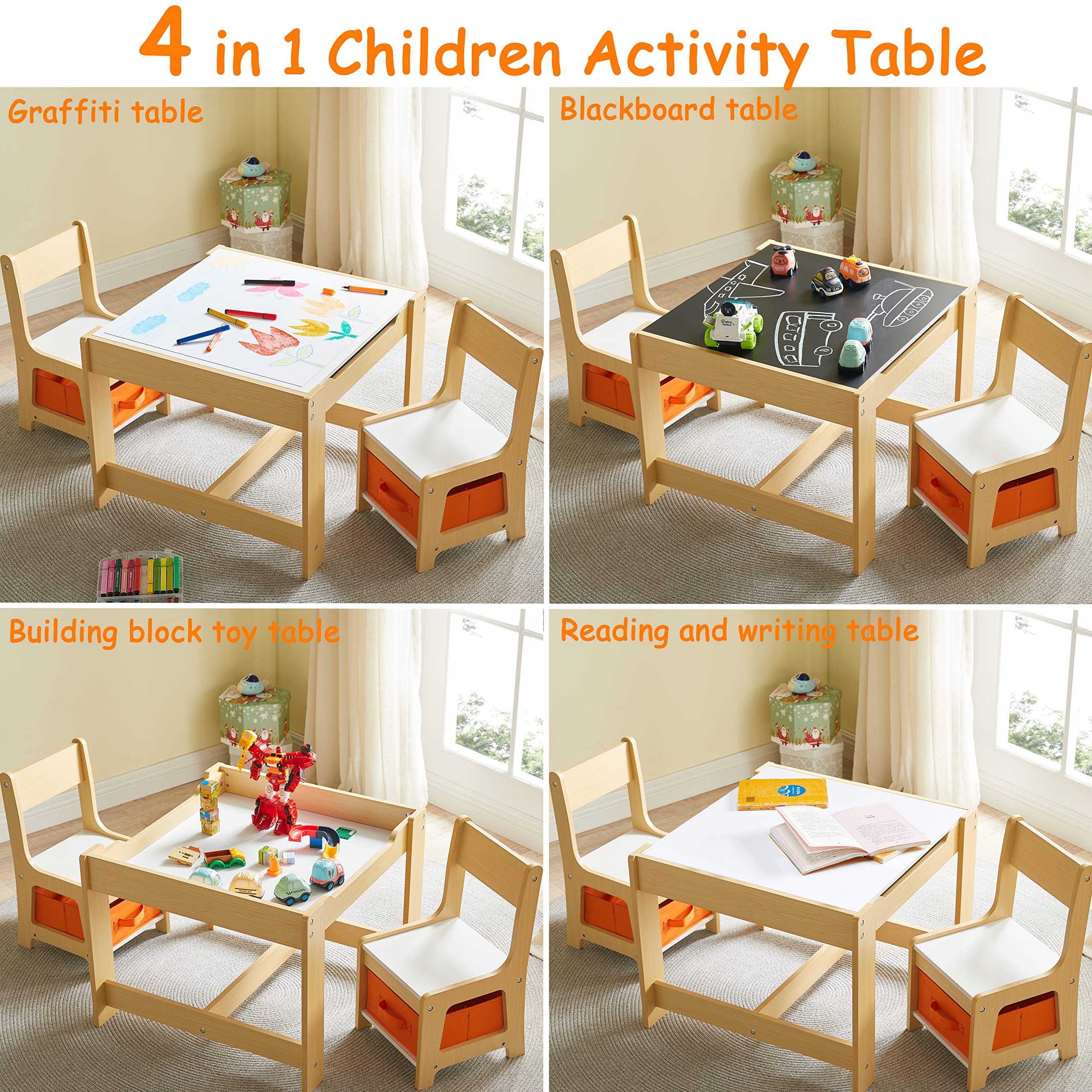 Kids Table and Chair Set, 3 in 1 Wooden Activity Table with Storage Drawer for Toddlers Drawing, Reading, Crafts, Play, 2 in 1 Detachable Tabletop Table and Chair Set for Home, Nursery, Playroom