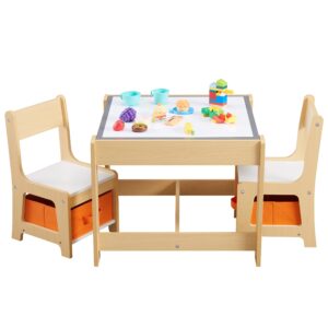 Kids Table and Chair Set, 3 in 1 Wooden Activity Table with Storage Drawer for Toddlers Drawing, Reading, Crafts, Play, 2 in 1 Detachable Tabletop Table and Chair Set for Home, Nursery, Playroom