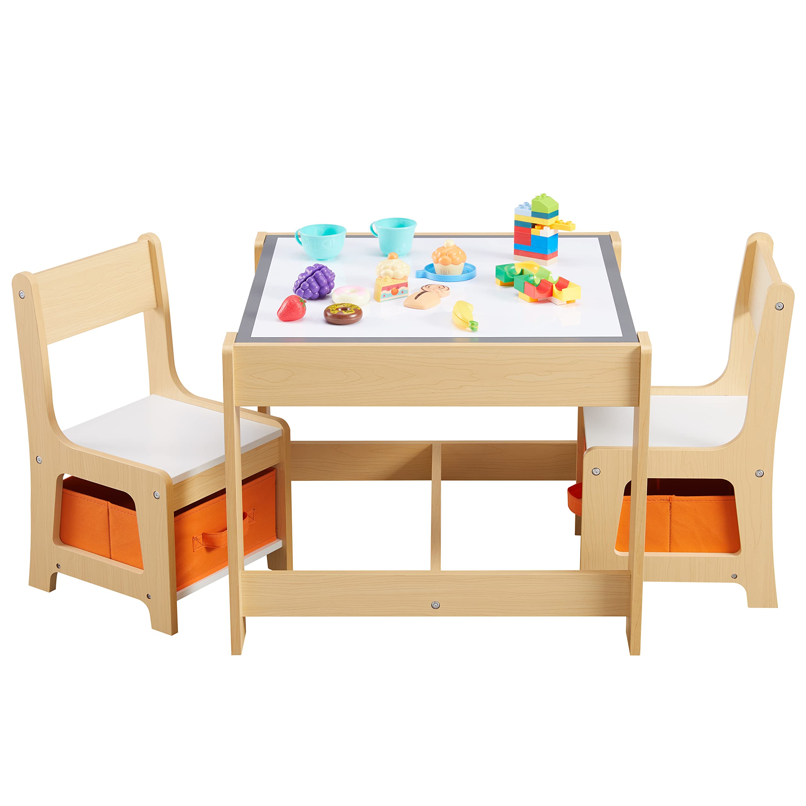 Kids Table and Chair Set, 3 in 1 Wooden Activity Table with Storage Drawer for Toddlers Drawing, Reading, Crafts, Play, 2 in 1 Detachable Tabletop Table and Chair Set for Home, Nursery, Playroom