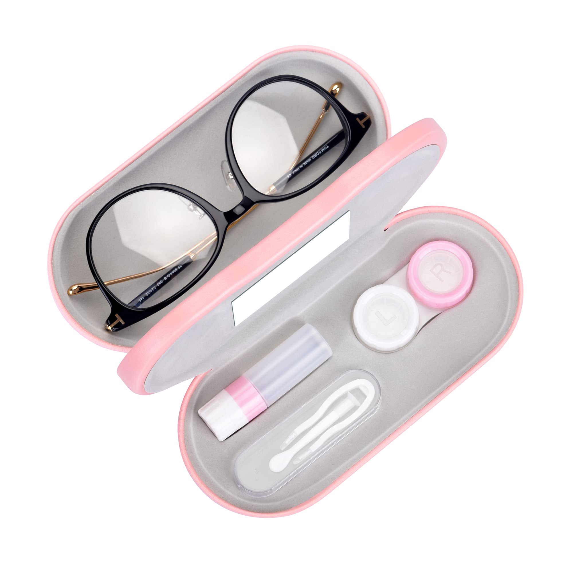 Muf 2 in 1 Contact Lens Case and Glasses Case,Double Sided Dual Use Design,Leak Proof & Portable,Tweezer and Contact Lens Solution Bottle Included for Travel Kit(Pink)