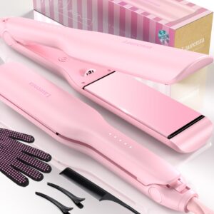 milano by laurenza hair straightener and curler 2 in 1, supermax design 8.5 inch² extra-large 3d floating ceramic flat iron, dual voltage straightening irons with 20 million cm³ anion outlet (pink)