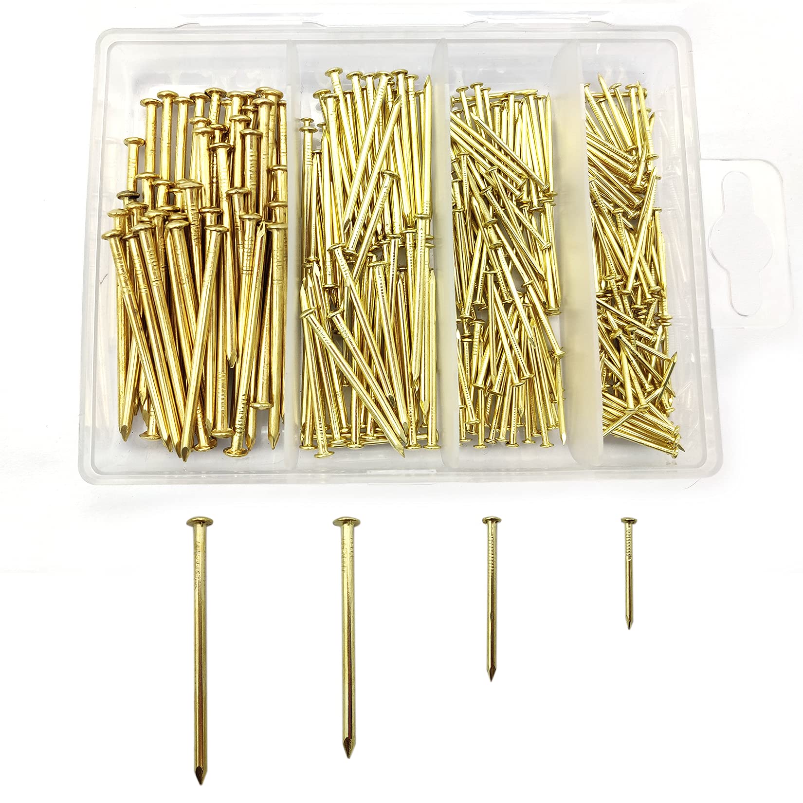 YOUYIDUN - 450 Pcs Nail Assortment Kit, Brass Nails for Hanging Pictures, Gold Finishing Nails Hardware Assortment Set, (0.78 in|1 in|1.57 in|2 in) Small Nails for Picture Hanging/Wood/Concrete Wall