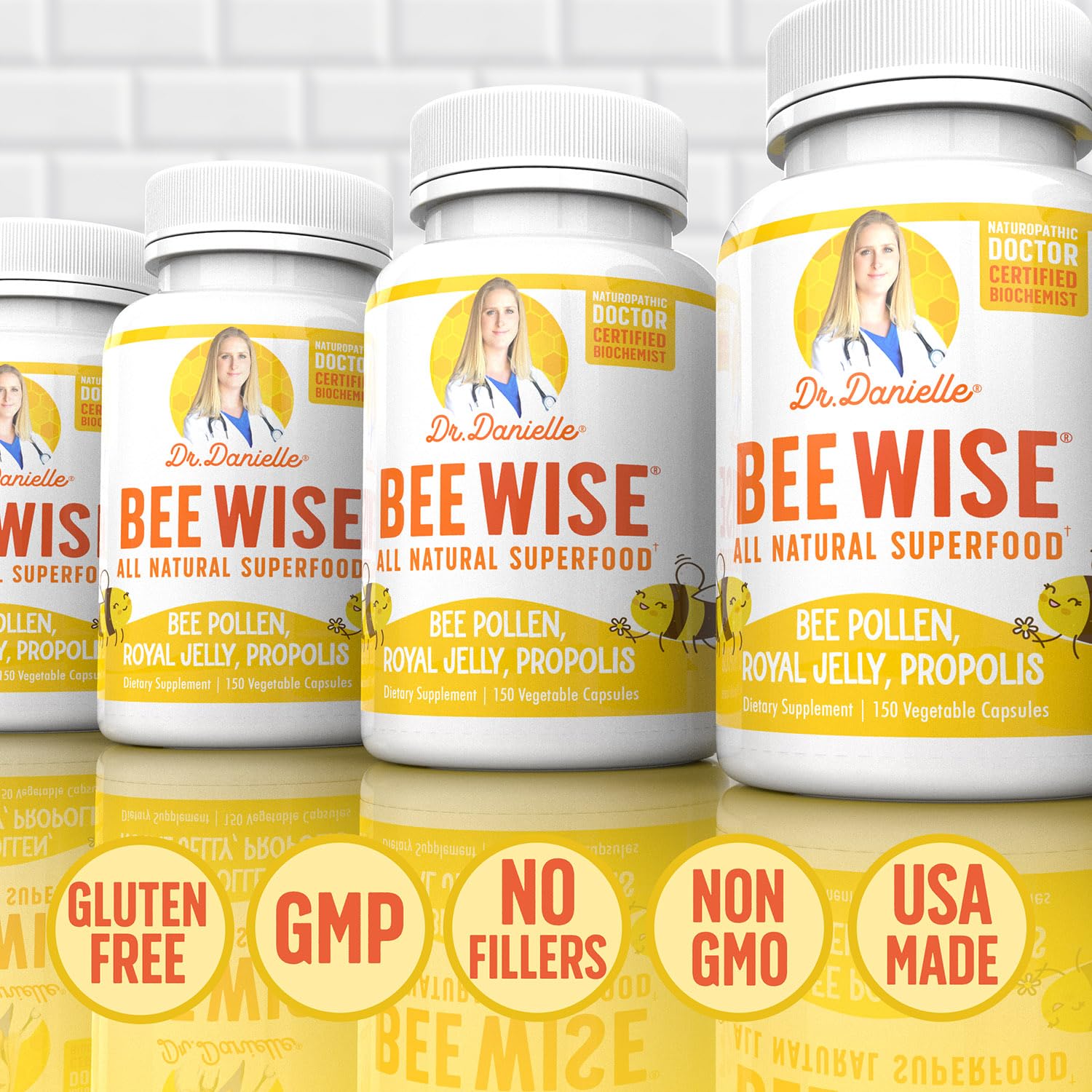 Dr. Danielle's Bee Wise - Bee Pollen Supplement - Bee Well with Royal Jelly, Propolis, Beepollen in 4 Daily Bee Pollen Capsules