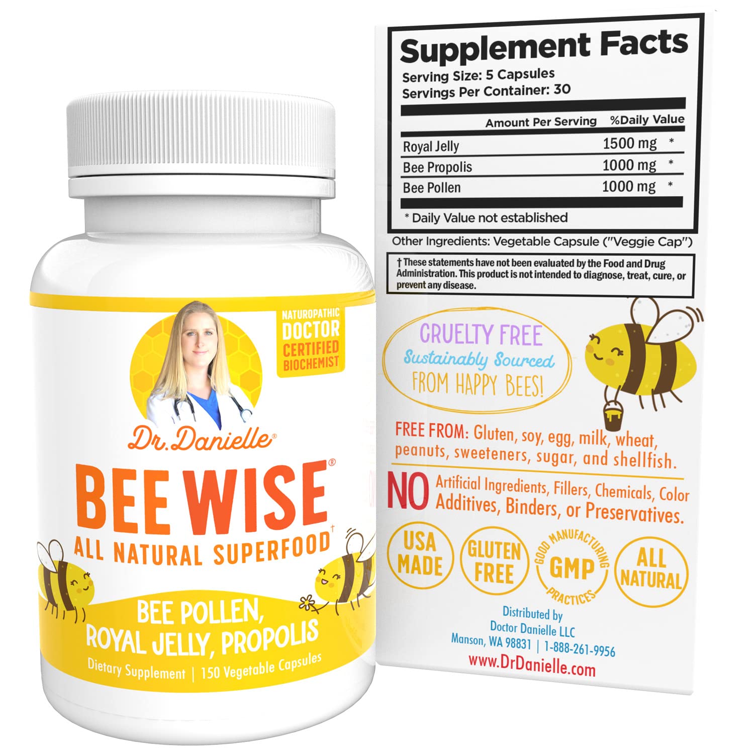 Dr. Danielle's Bee Wise - Bee Pollen Supplement - Bee Well with Royal Jelly, Propolis, Beepollen in 4 Daily Bee Pollen Capsules