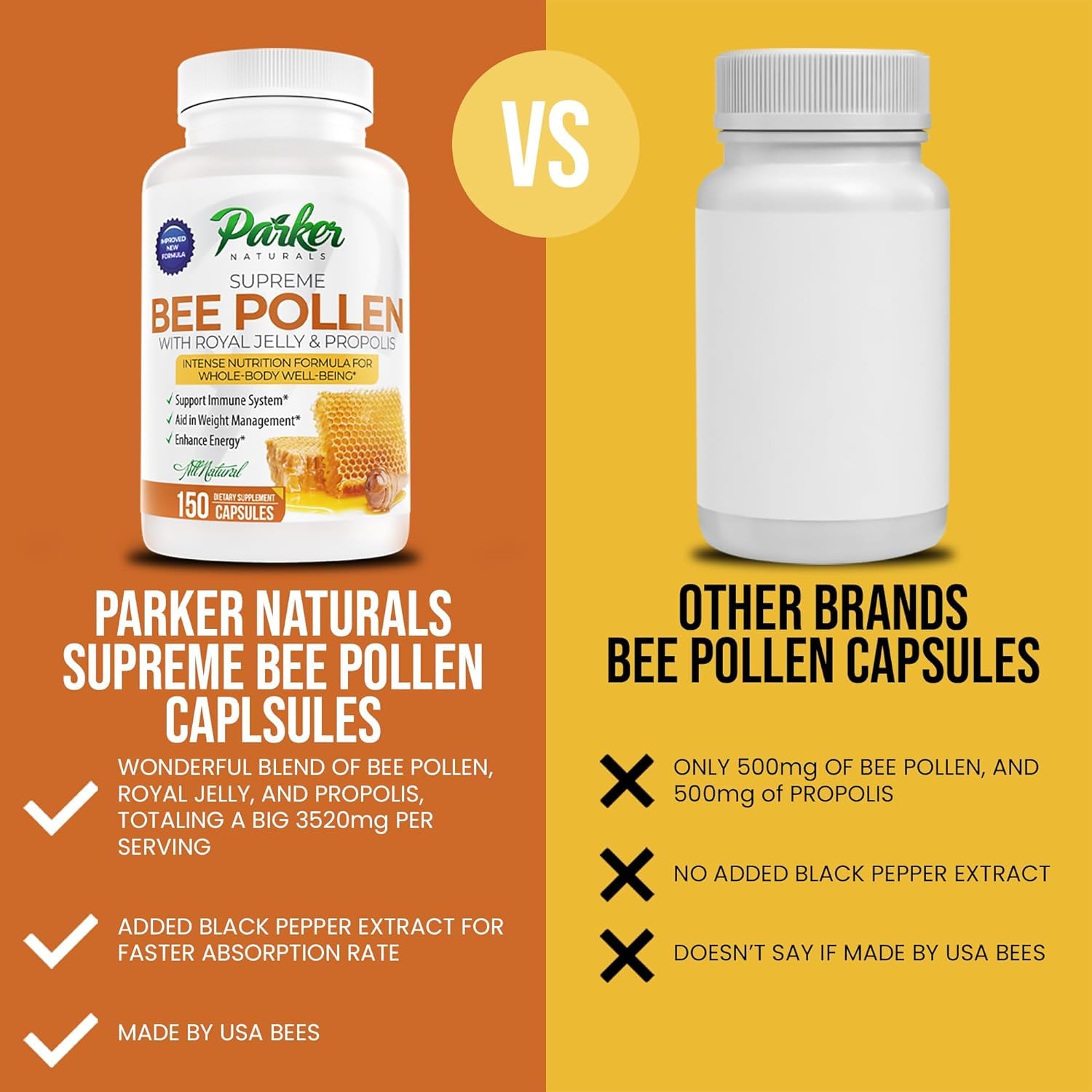 Parker Naturals Best Bee Pollen, Royal Jelly, Propolis - Made by USA Bee Keepers - 150 Vegetarian Capsules - Made in GMP Certified Facility!