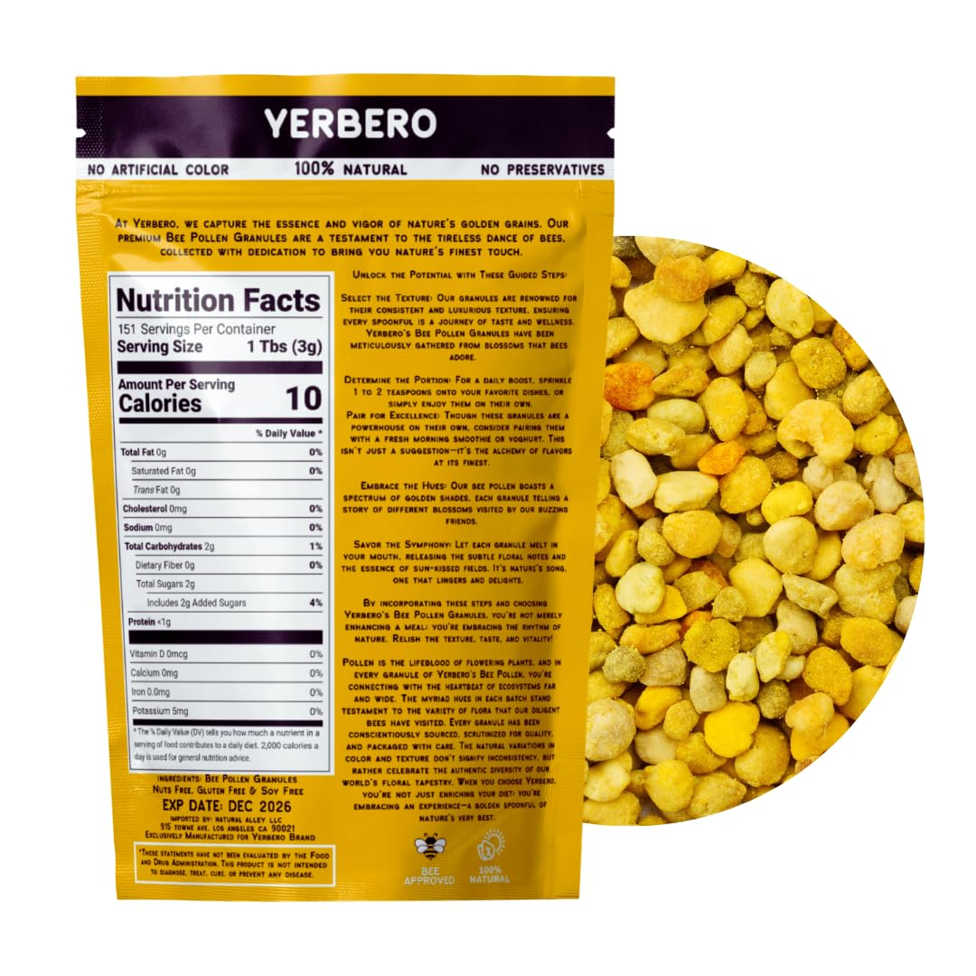 YERBERO - Premium Bee Pollen Granules 16oz (1 LB) (456g) Bag | 100% Natural Pure Wild Raw Sweet Aromatic Rich Flavor | Polen de Abeja 100% Natural.