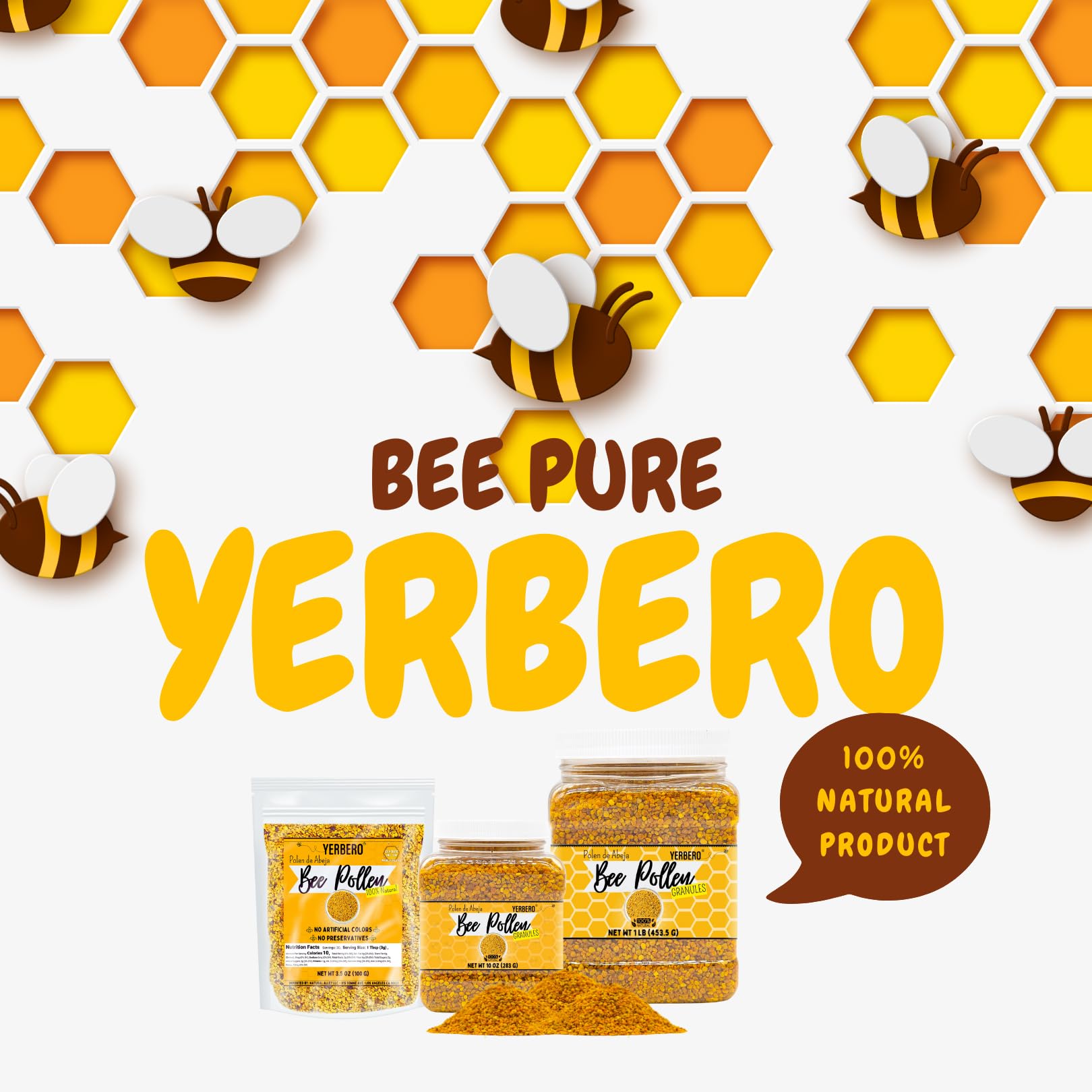 YERBERO - Premium Bee Pollen Granules 16oz (1 LB) (456g) Bag | 100% Natural Pure Wild Raw Sweet Aromatic Rich Flavor | Polen de Abeja 100% Natural.