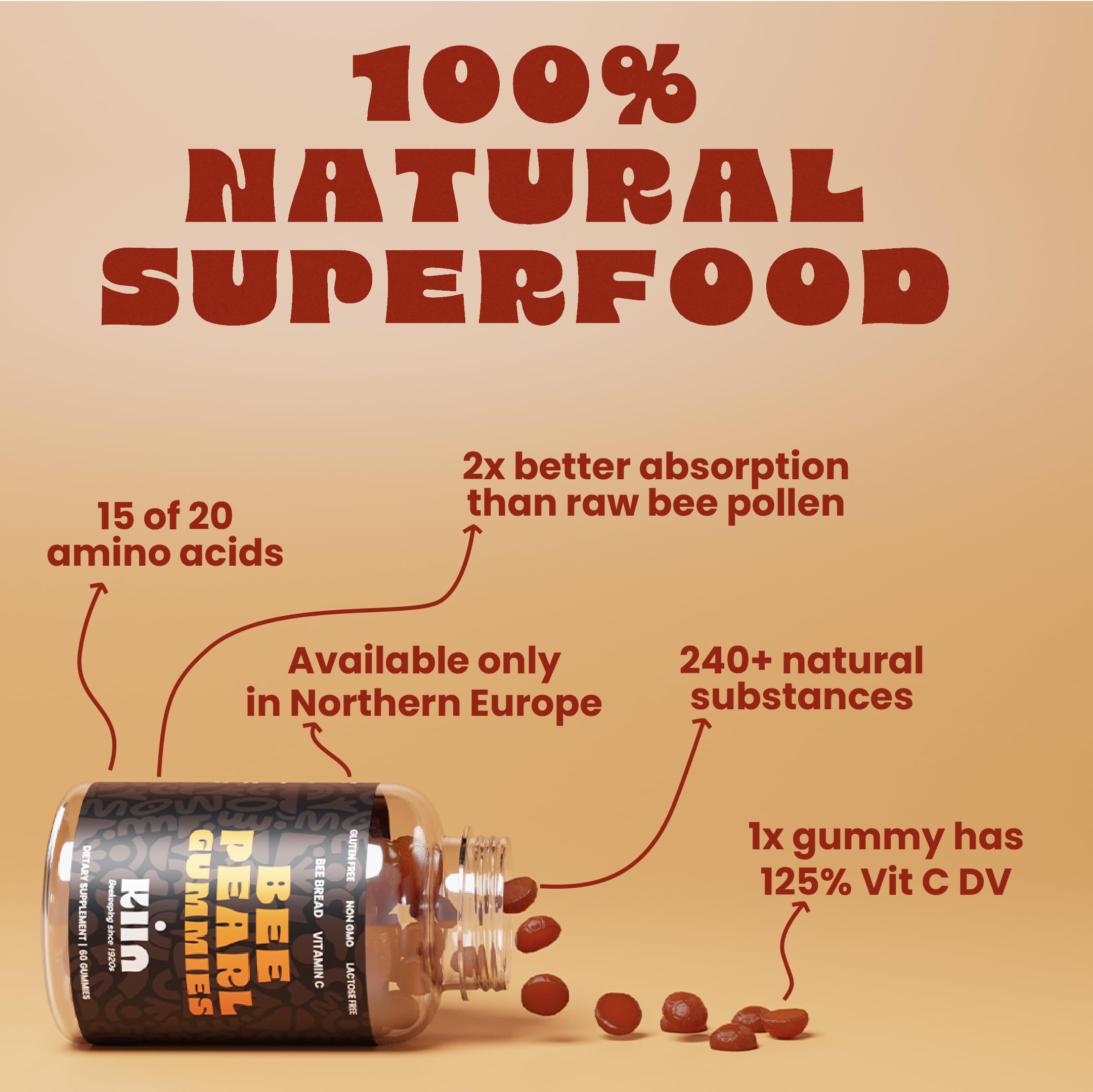 Kiin Bee Pearl Gummies - Bee Bread (fermented Bee Pollen) | 100% Natural Superfood Rich in Vitamins A, B, C, E, K, Mg, P, Enzymes, Amino Acids, Antioxidants, Omega 3 6 9 - Metabolism & Immunity