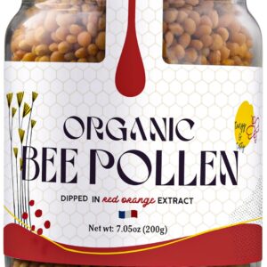 Gourmanity Bee Pollen 200gr/7.05oz, Raw Organic Bee Pollen Granules Dipped in Red Orange Extract, Superfood Packed with Proteins, Vitamins & Minerals, Organic, Non-GMO Raw Bee Pollen from France